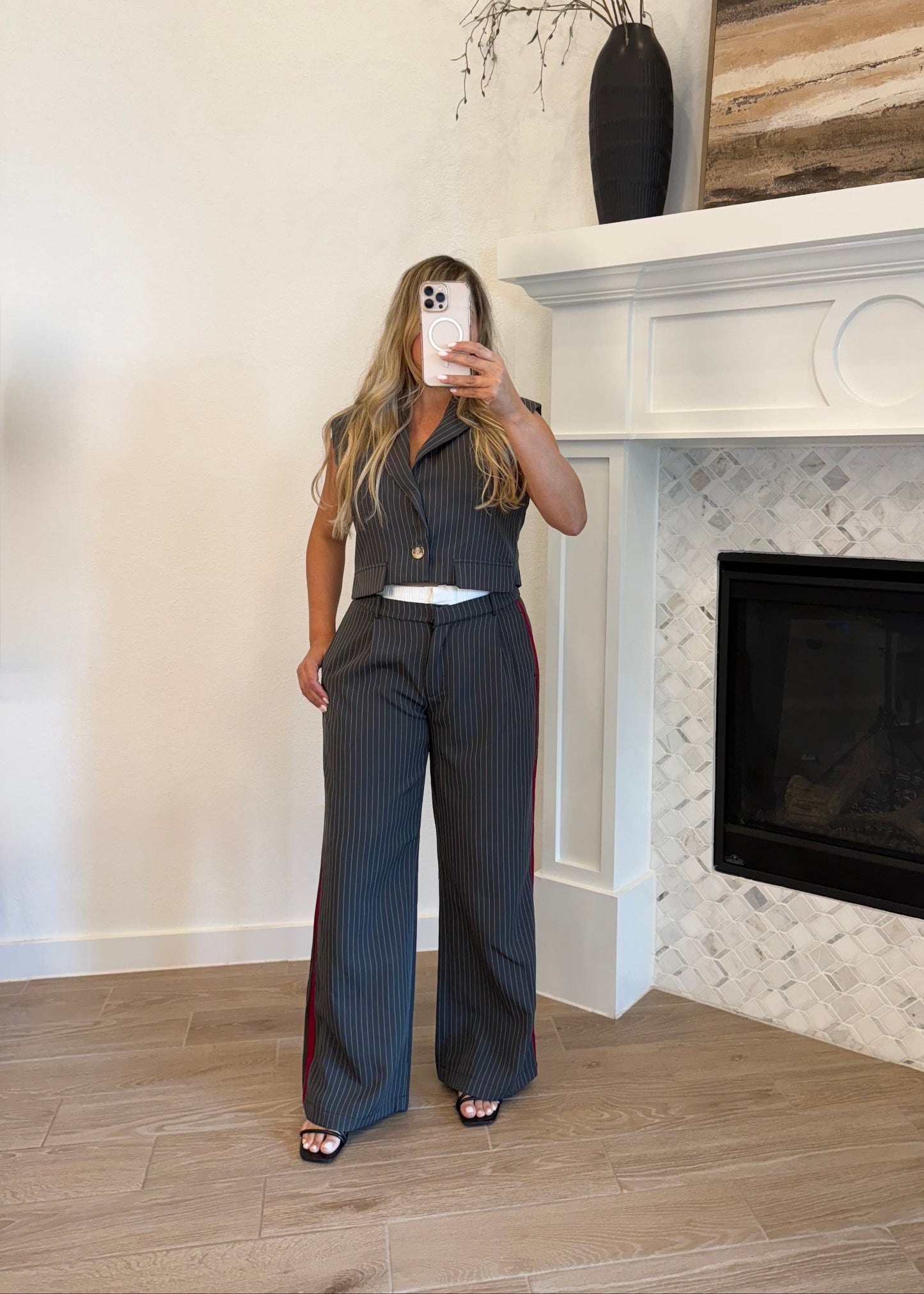 Charcoal & White Vest Pant Set