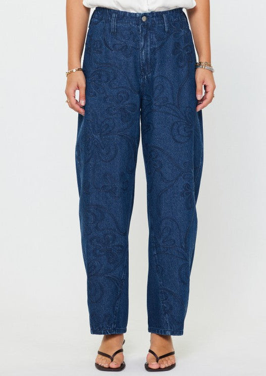 Denim Flower Embroidery Barrel Pants