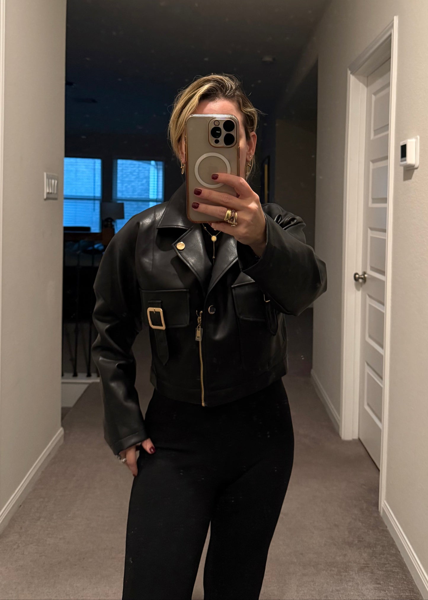 Cropped Moto Utility Jacket (Black Faux Leather)