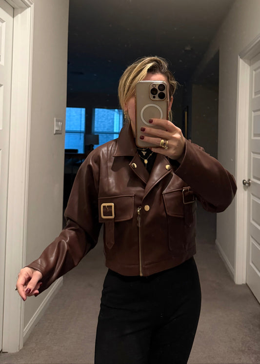 Cropped Moto Utility Jacket (Espresso Faux Leather)